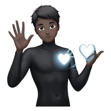 youthful male silhouette with glowing heart spark and flowing energy at fingertips, minimalist black or silver with soft dynamic motion sticker