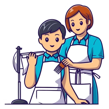 stylist with apron demonstrating haircut on mannequin to student sticker