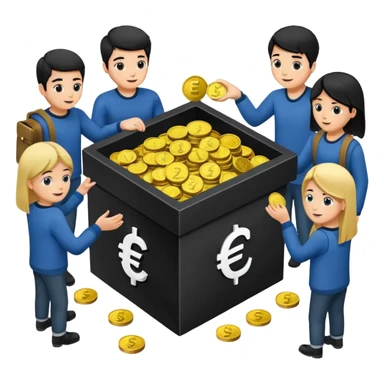 A box of money 💶  A euro icon €  a lot of Students putting coins into the box sticker