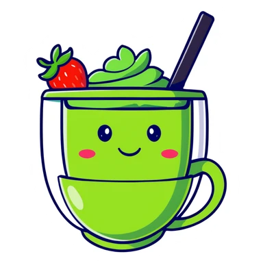 cute cartoon strawberry green tea in a cup with a smiling face sticker