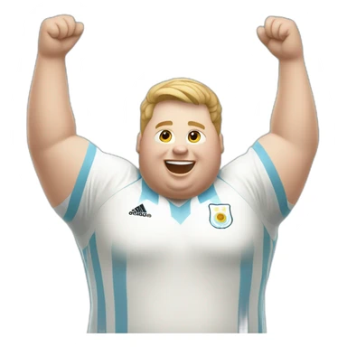 Short hair, obese white man jumping. argentina team uniform. Hands up sticker