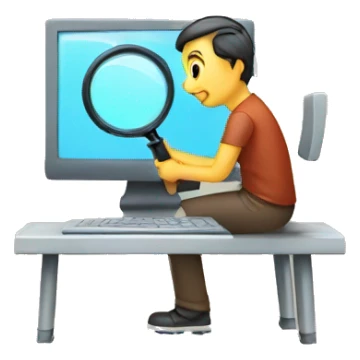 man using magnifying glass to read a computer monitor sticker
