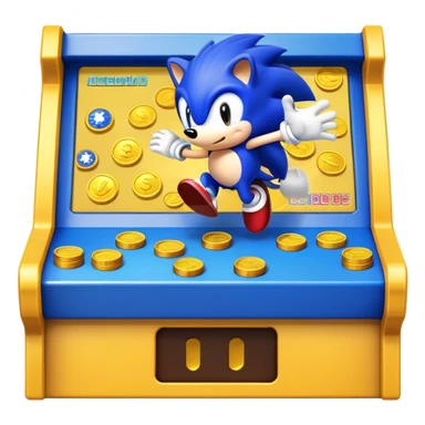 An icon showing a retro arcade screen with pixelated characters like a speedy hedgehog Sonic jumping and collecting coins. The game environment includes obstacles, power-ups, and vibrant colors, evoking the excitement and nostalgia of classic arcade games. transparent background. sticker