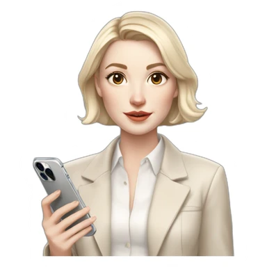 pale skin woman with ash blonde Straightened bob Hair, White Spacious classical jacket, beige palazzo Arrow pants and gray blouse holding white IPhone 14 pro in the hands sticker