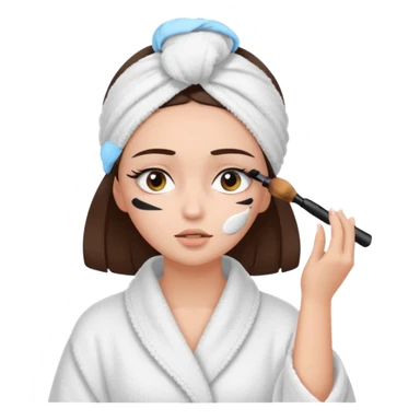 Girl with brown hair in white dressing gown and white towel wrapped in her head doing her makeup. Eyes closed white dark hair and towel wrapped differently doing mascara sticker