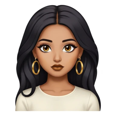 indian girl, brown skin, long black voluminous hair, brown underneath colored hair, baddie,pretty, makeup, lipliner, black eyeliner, gold hoop earrings, white top sticker