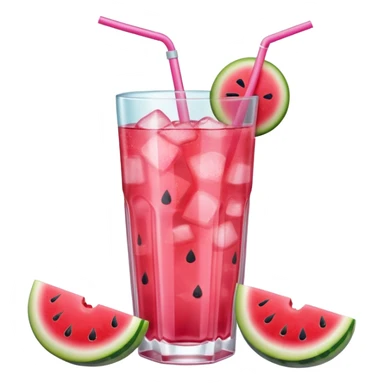 pink soft drink with a watermelon chunk on the rim of glass sticker
