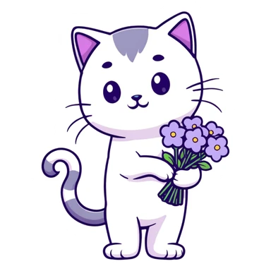 cat holding a bouquet of purple lilac flowers in hand, sticker style sticker