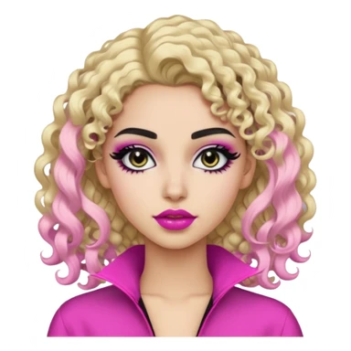Pale Saudi beauty, pretty baddie, black eyeliner pink lips, split dye leftside blonde rightside black curly hair sticker