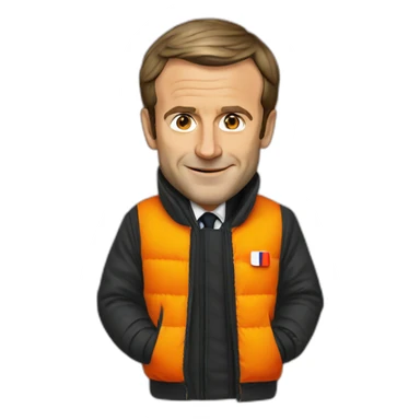 Emmanuel Macron with an orange visibility jacket sticker
