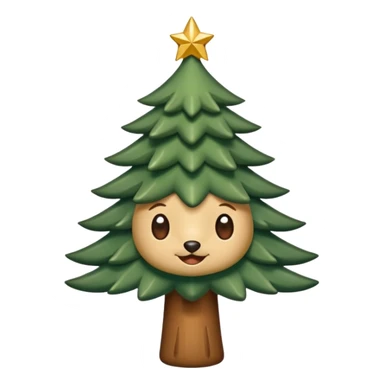 Un emoji représentant un petit sapin stylisé, sans bouche, avec deux grands yeux de biche brillants couleur cannelle. Style minimaliste, mignon et expressif, comme un sticker ou un emoji moderne. Fond parfaitement transparent, haute qualité, bien centré. sticker