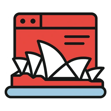 Sydney Opera House with digital page elements, tech-inspired, red and white, Microsoft Power Pages branding icon sticker