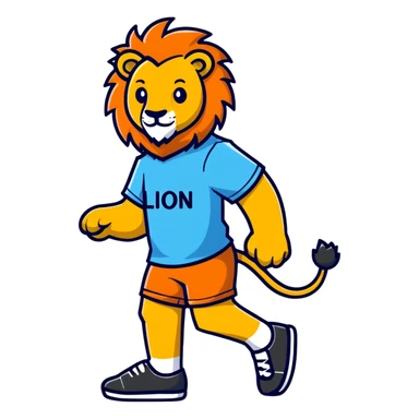 retro 1950s anthropomorphised lion in a t-shirt and shorts walking sticker