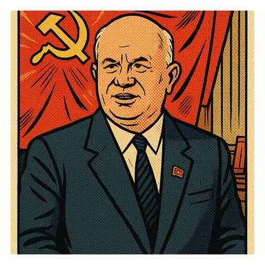 Soviet leader Khrushchev wearing a suit with a Communist Party badge standing in front of a communist flag in his office sticker