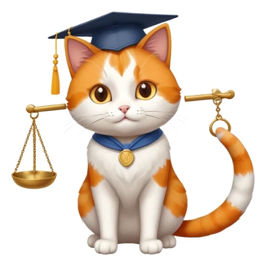 cat wearing a graduation cap, holding the scales of justice up with its tail sticker