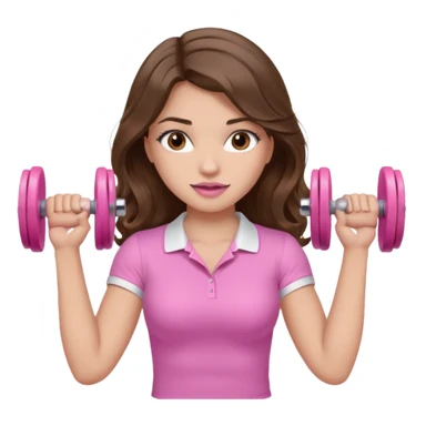 girl with wavy long brown hair, brown eyes, light to medium complexion, long lashes, light pink lipstick, wearing light pink shirt, lifting a pink dumbell weight sticker