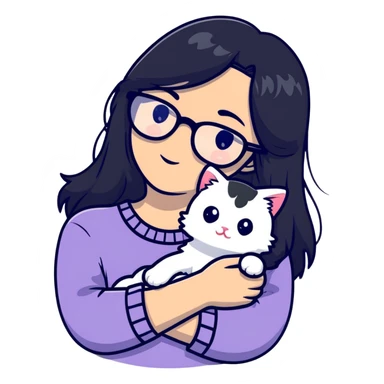 Girl with long black hair and glasses holding a white kitten sticker