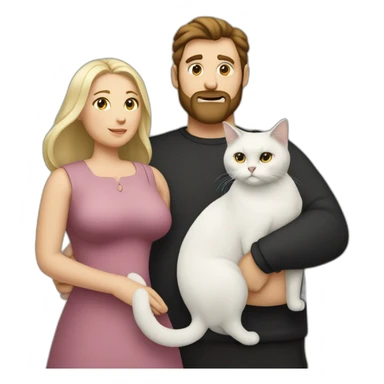 Family photo a fat husband with a beard is holding a white cat and wife with straight hair is holding a black cat sticker