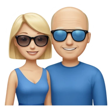White woman with blonde hair wearing sunglasses and a blue dress, standing next to a tall bald white man sticker