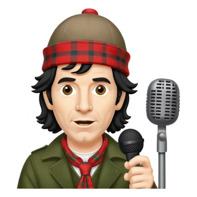 Nardwuar with his iconic tam o' shanter hat and microphone sticker