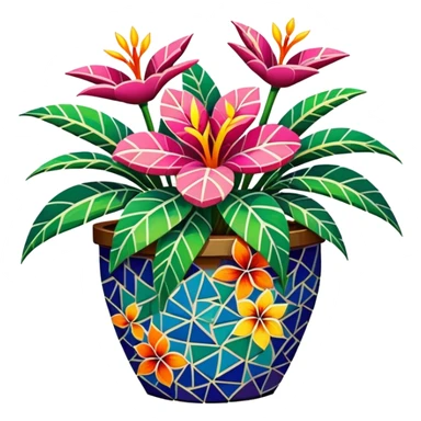 a tropical flower plant in a mosaic multicolored pot sticker