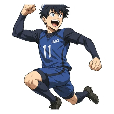 Isagi Yoichi, celebrating a goal, dynamic action, anime style sticker