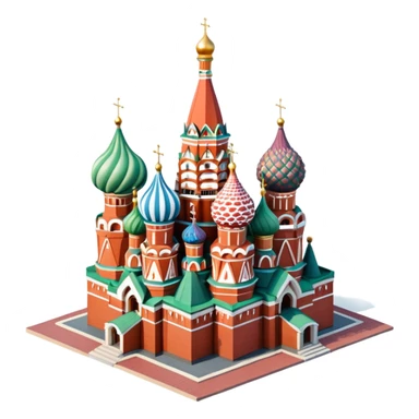 Isometric illustration of Moscow, featuring photorealistic Saint Basil's Cathedral with colorful onion domes, hand-drawn painterly details, subtle texture on bricks and roofs, realistic shadows and soft lighting, muted yet vivid color palette, diorama miniature effect. sticker