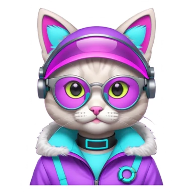 cute cyberpunk cat, neon visor glasses, tech jacket, glowing collar, purple and cyan neon accents, 3D cartoon, mobile game icon style, clean background, no text, no watermark
 sticker