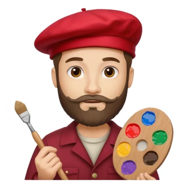 man artist with beard, wearing red beret and painter sticker