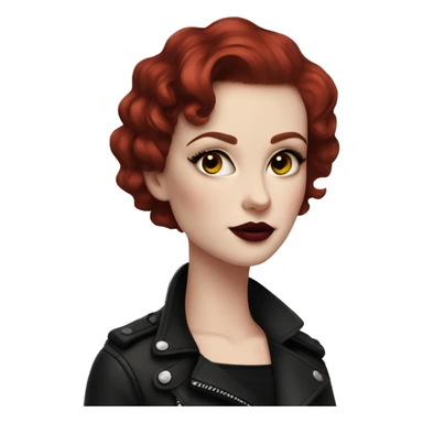 Girl with very pale skin, bright red curly short hair with a side part, black cat-eye makeup, long eyelashes, dark maroon blush and lipstick.  Her eyebrows are dark, arched and very high.  Hazel eyes. Big lips. Thin. Wearing a black biker jacket  sticker