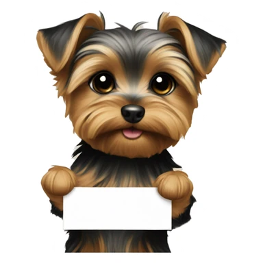 yorkie puppy, holding a poster wi sticker