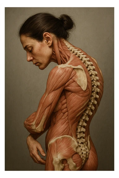CORPO UMANO ANATOMICO di una donna di profilo con spalle chiuse e postura incurvata, spina dorsale in evidenza, IPERREALISTICO 4K sticker