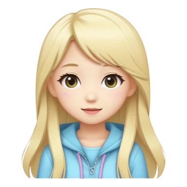Cute kawaii emoji-style Japanese K-pop girl, blonde long hair , trendy K-pop outfit with Japanese cute fashion vibes, big sparkling eyes, chibi proportions, clean lineart, pastel colors, cheerful idol smile, sticker/emoji style, transparent background sticker