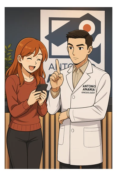 su questo stile fai un manga/webtoon a colori in cui una donna CONTROLLA ENTUSIASTA LO SMARTPHONE MENTRE PARLA CON L'UOMO, l'uomo della foto in stile manga LE DICE DI "NO" CON IL DITO, mantieni un ambiente simile alla foto che ho allegato con il suo logo (sarebbe il suo studio, lui è un kinesiologo), scrivigli "ANTONIO ANANIA" sul camice bianco, non mettere fumetti, ma fai in modo che sembri che la donna CONTROLLI LO SMARTPHONE E L'UOMO CON I GESTI LE FACCIA CAPIRE CHE STA SBAGLIANDO sticker