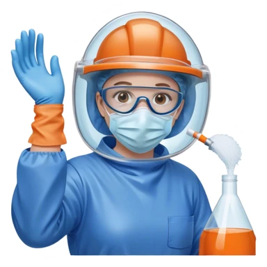 A meticulous cleanroom worker dressed in full protective gear, including a blue sterile suit, a face mask,  and orange gloves.  cleaning glasses with a wipe in one Hand sticker