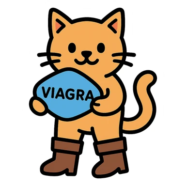 a cat in boots standing on its hind legs and holding a Viagra pill in its front paws sticker