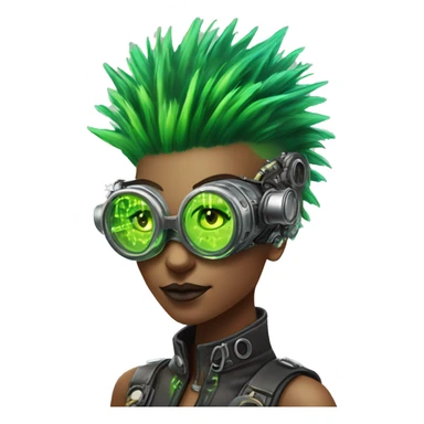 Neon green Mohawk hair female cyborg head with silver steampunk goggles and circuits sticker