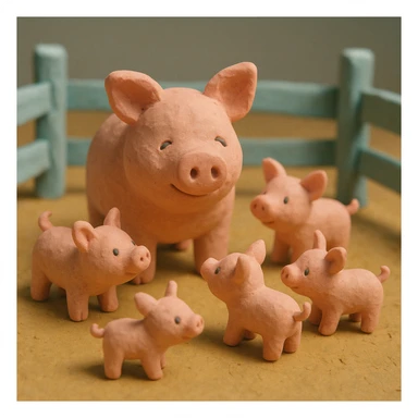 claymation style pig in a pig pen with several piglets, playful, pastel colors, visible fingerprints, textured look sticker