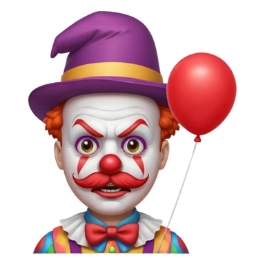 Angry clown — furrowed brow, mustache, tiny hat, hold red balloon sticker