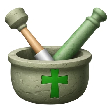 mortar with pestle, with green cross on mortar sticker