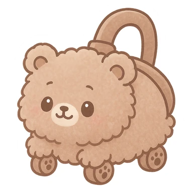kawaii chibi style fluffy vacuum cleaner bear rolling adorably with tiny paw wheels, soft brown pastel, full-body sticker