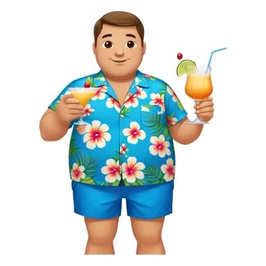 chubby guy full figure in a flowered azure havai shirt, brown shorts and flippers holding a cocktail sticker