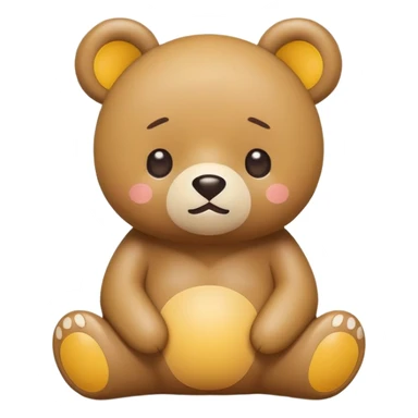 A cute, minimalist emoji of a cartoon bear inspired by Rilakkuma. The bear is sitting or slightly leaning, with a calm, relaxed expression. It has round ears with yellow inner parts, a white belly patch, small dot eyes, and a tiny "x"-shaped mouth. Kawaii Japanese mascot style sticker