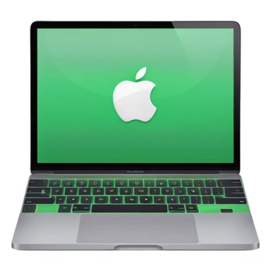 A macbook laptop front facing with its screen showing green screen. sticker