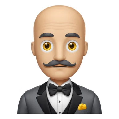 Gray robot with thick moustache, no hair, yellow eyes without pupils, wearing a tuxedo, buff sticker