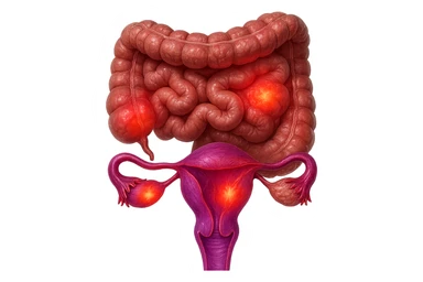 utero umano anatomico iperrealistico e intestino umano anatomico iperrealistico hanno in comune il dolore e l'infiammazione, rendi bene il collegamento tra i due organi doloranti, falla iperrealistica, non disegnata, fai colori che si adattano a questo viola #971ef1 sticker