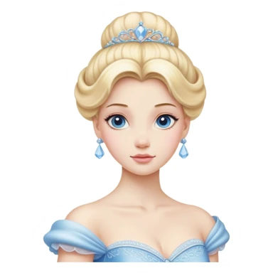 Cinematic Realistic Cinderella Portrait, depicted with lifelike porcelain skin, elegantly styled blonde hair, and a serene, graceful expression. Dressed in her classic ball gown with intricately detailed fabric textures and delicate pastel hues that catch soft, natural lighting, this portrait captures the timeless beauty of a fairy tale princess. sticker