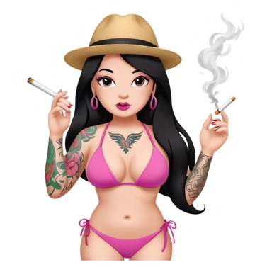 caucasian curvy girl, with tattoos, in pink bikini, smoking, with a long straight black hair  sticker