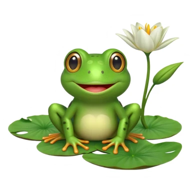 A cute 3D cartoon frog sitting on a lily pad, bright green skin, big friendly eyes, smiling face, soft natural lighting, Memoji-style rendering. sticker