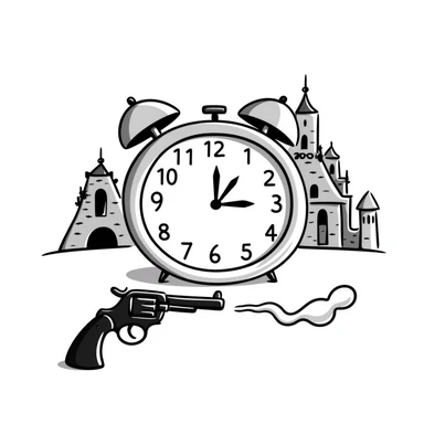 A clock showing 38 minutes, with a smoking gun and a destroyed palace in the background sticker